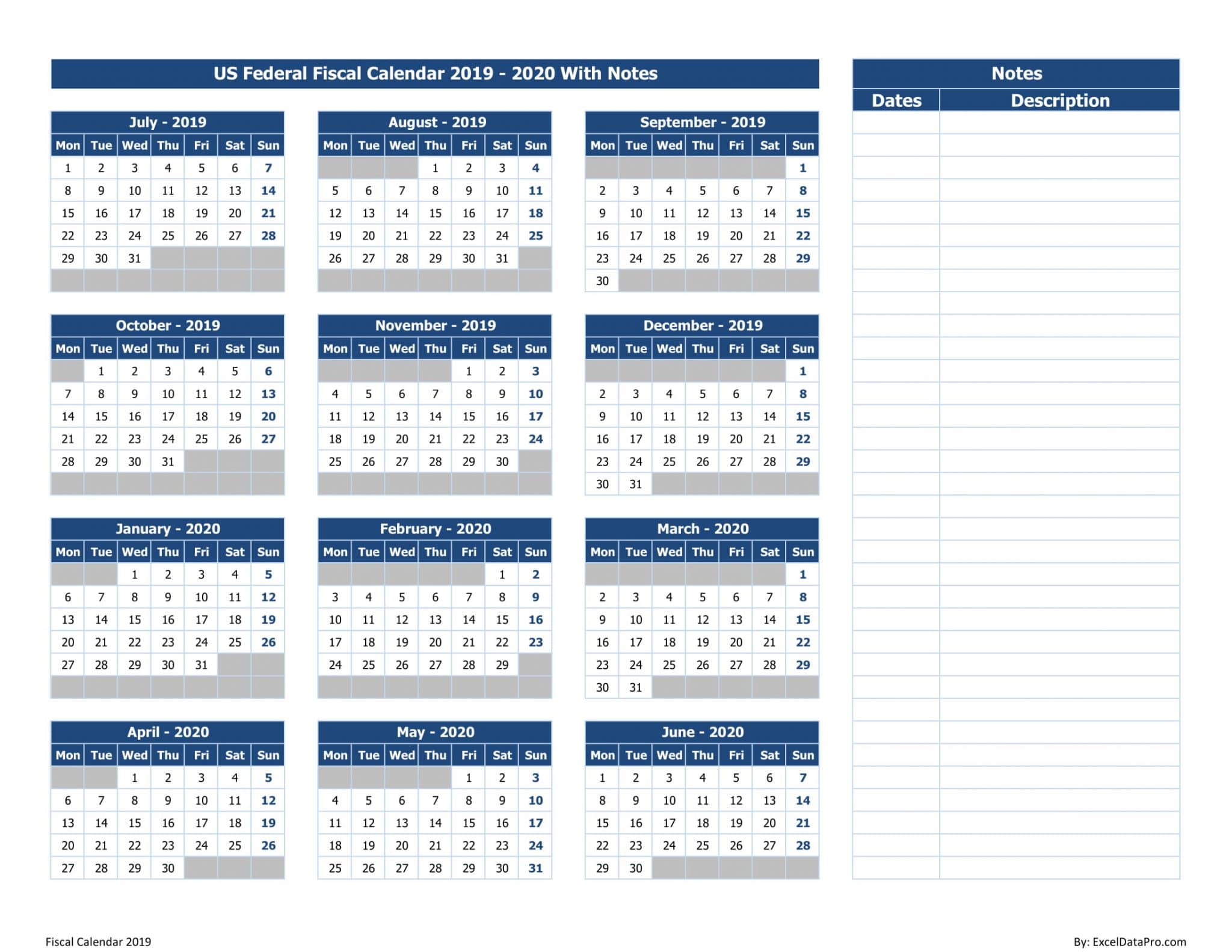 US Federal Fiscal Calendar 2019-20 With Notes