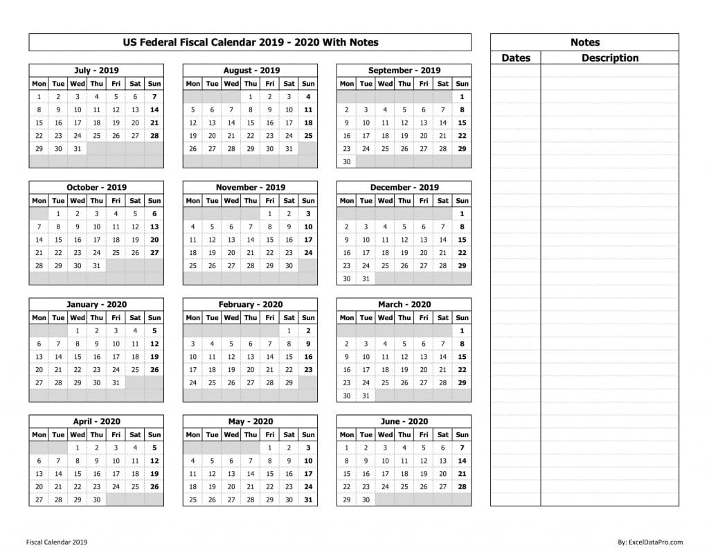 Download Us Federal Fiscal Calendar 2019 20 With Notes Excel Template Exceldatapro 2672