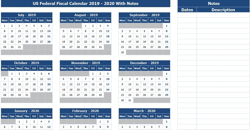 Download US Federal Fiscal Calendar 2019-20 With Notes Excel Template