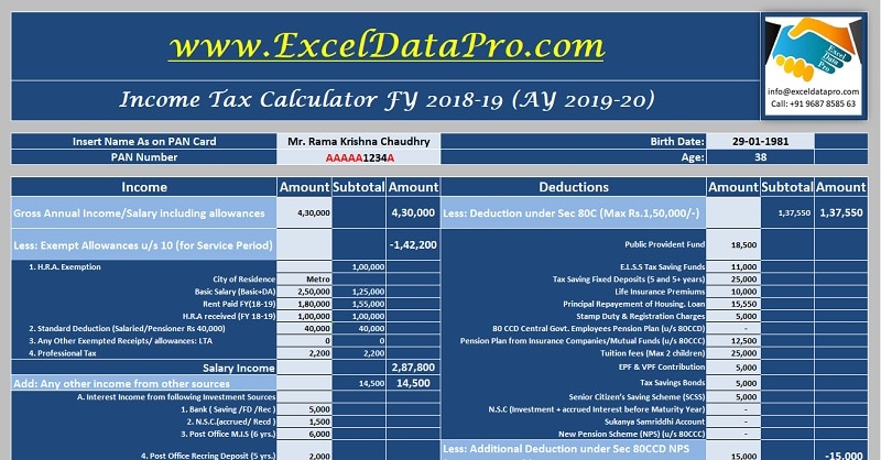 Download Income Tax Calculator FY 2018-19 Excel Template