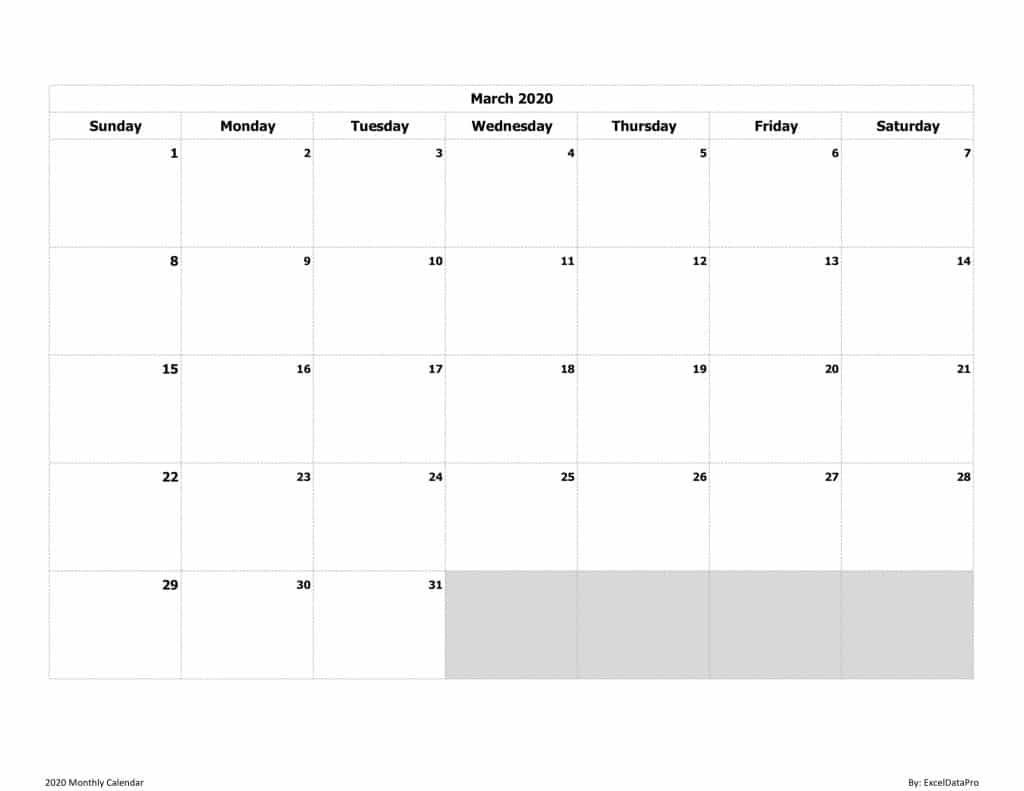 2020 Monthly Calendar (Sun Start) Ink Saver
