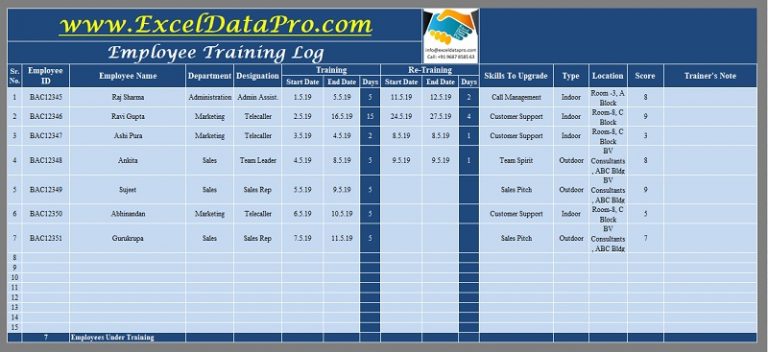 Download Employee Training Log Excel Template - ExcelDataPro