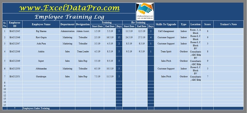 excel training log template