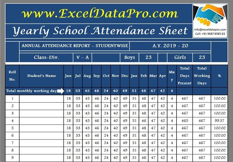 Yearly School Attendance Sheet