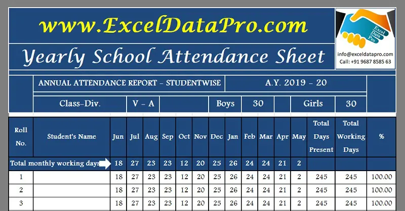 Download Yearly School Attendance Sheet Excel Template Exceldatapro