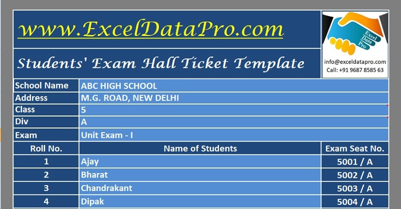 Download Student’s Exam Hall Ticket Generator Excel Template
