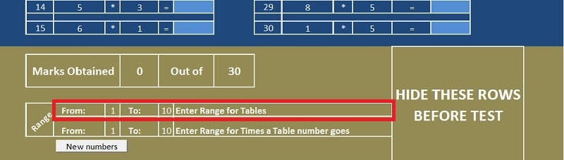 Multiplication Table Test Sheet