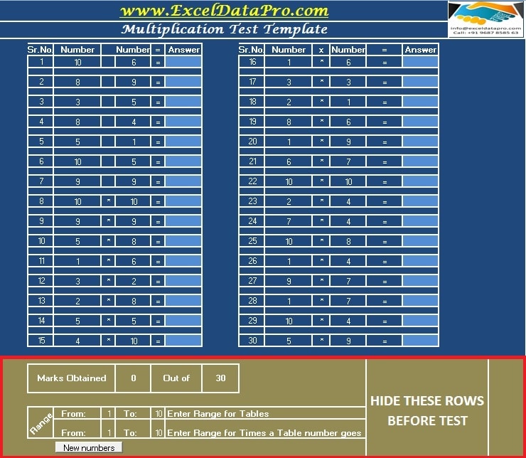 Multiplication Table Test Sheet