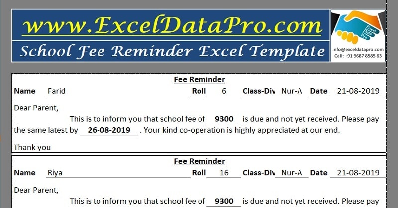 School Fee Reminder Excel Template
