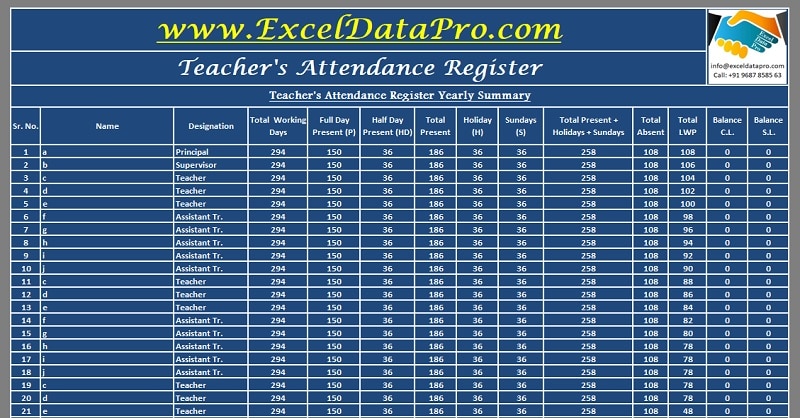 Download Teacher’s Attendance Register Excel Template