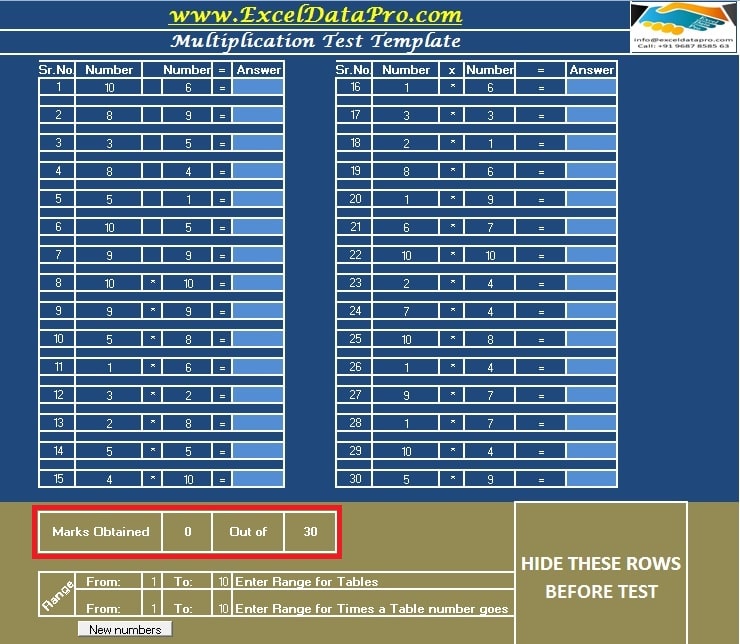 Multiplication Table Test Sheet