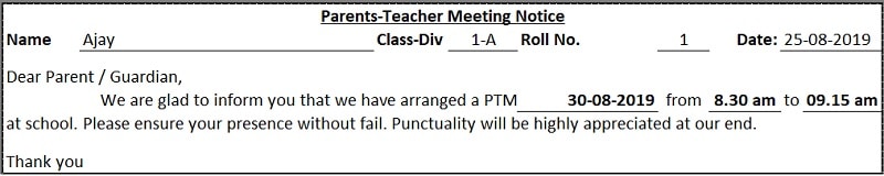 School PTM Notice Excel Template