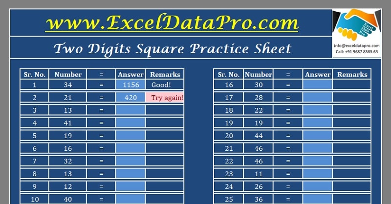 2 Digit Square Practice Sheet Excel Template