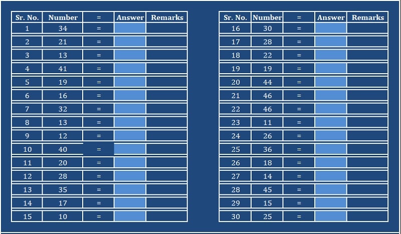 2 Digit Square Practice Sheet Excel Template