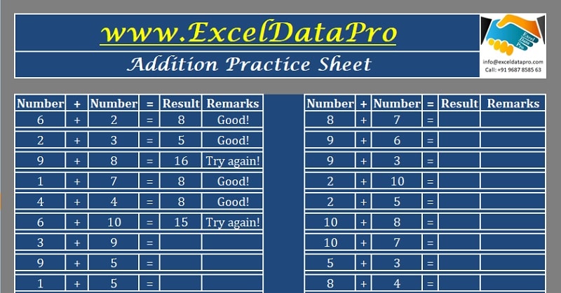 Download Basic Addition Practice Sheet Excel Template