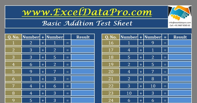 Basic Addition Test Sheet Excel Template