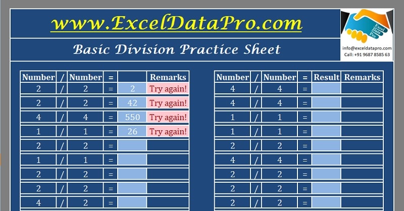 Basic Division Practice Sheet Excel Template