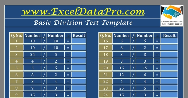 Basic Division Test Sheet Excel Template