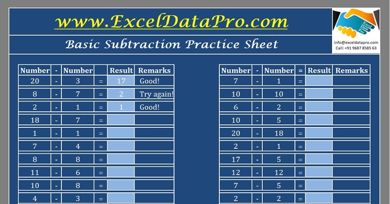 Basic Subtraction Practice Sheet Excel Template
