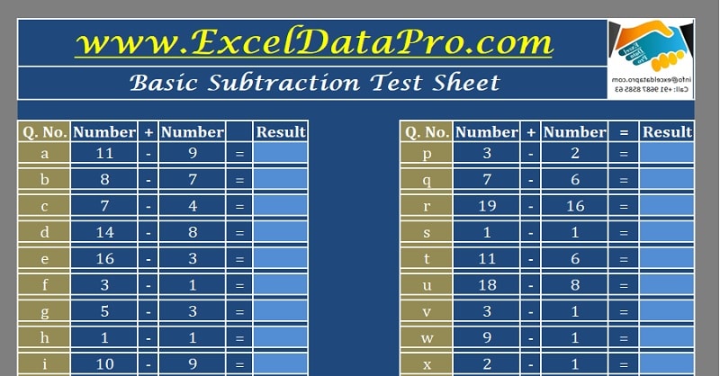 Basic Subtraction Test Sheet