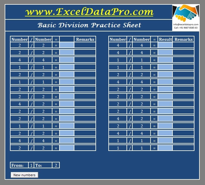 Basic Division Practice Sheet Excel Template