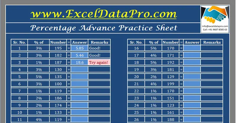 Download Percentage Practice Sheet Excel Template Exceldatapro