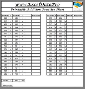 Download Basic Addition Practice Sheet Excel Template - ExcelDataPro