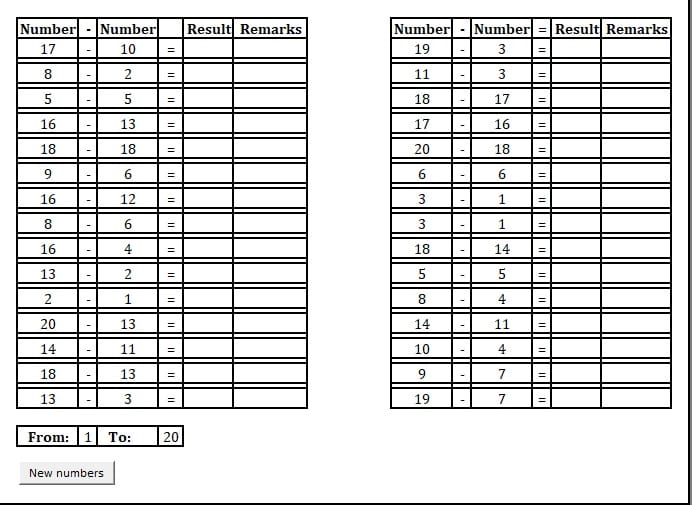 Printable Basic Subtraction Practice Sheet