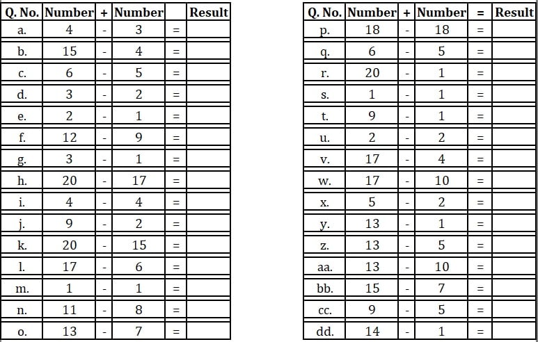 Printable Basic Subtraction Test Sheet