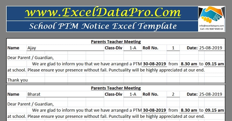 School PTM Notice Excel Template