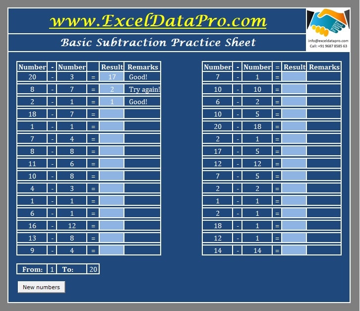 Basic Subtraction Practice Sheet