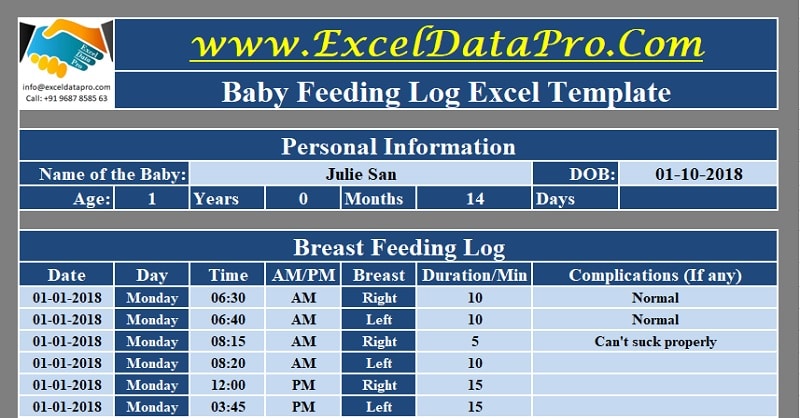 Breastfeeding Log Excel Template