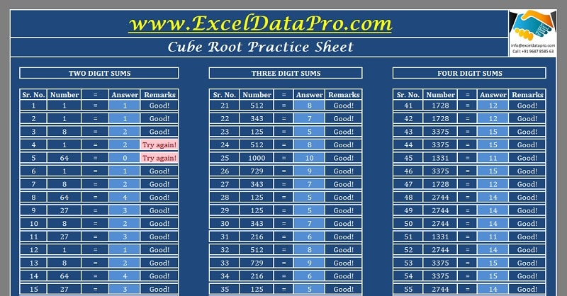 Cube Root Practice Sheet Excel Template