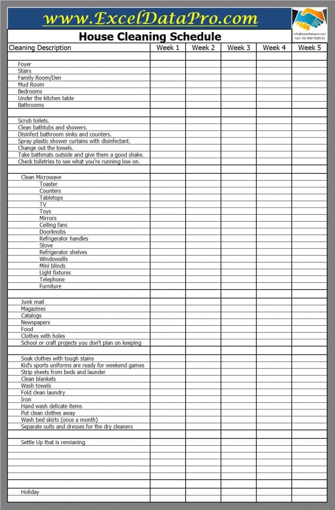 Download House Cleaning Schedule Excel Template ExcelDataPro