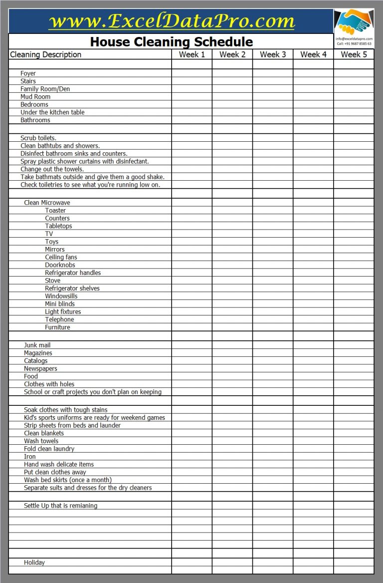 Download House Cleaning Schedule Excel Template - ExcelDataPro