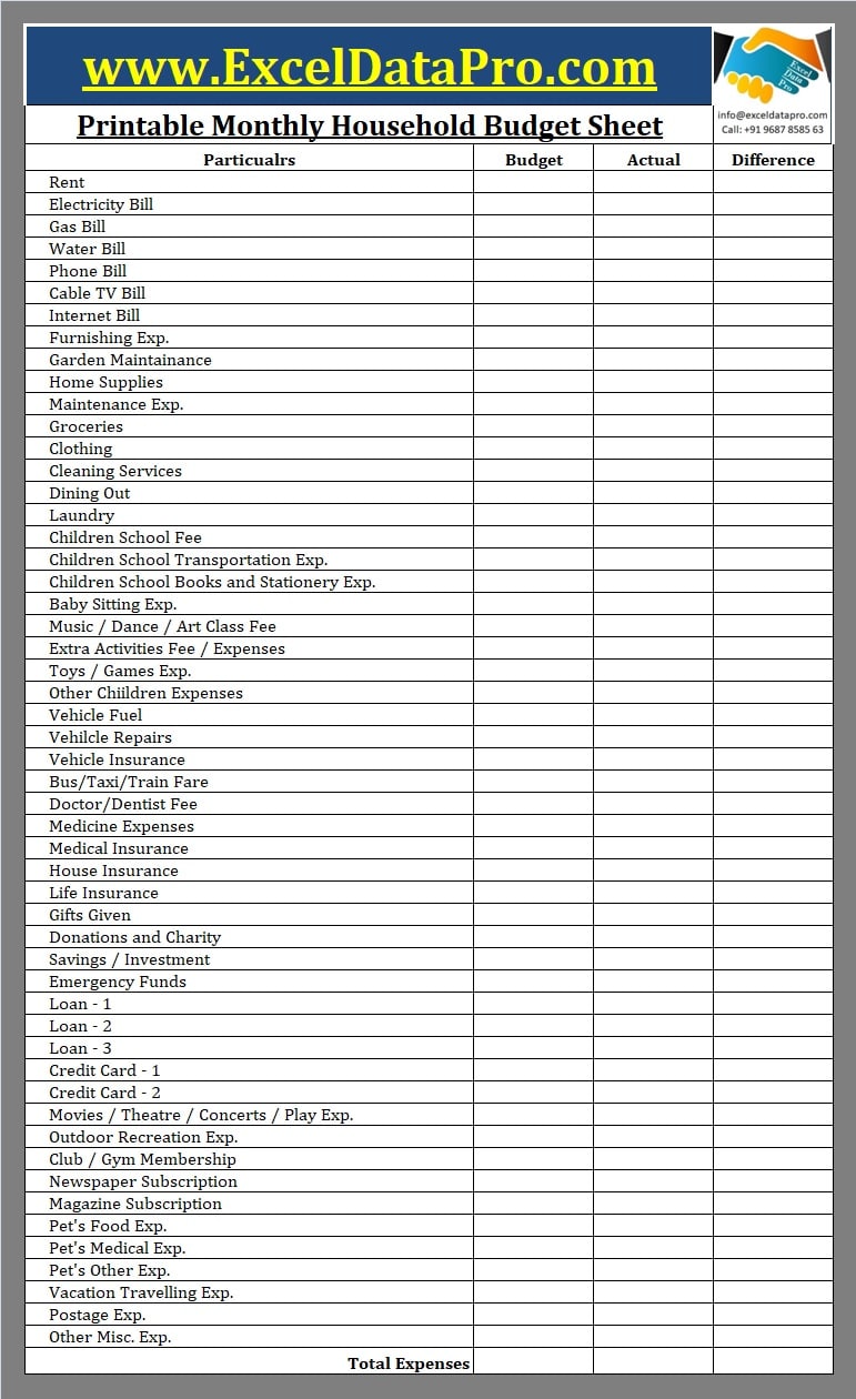 Download Monthly Household Budget Excel Template - ExcelDataPro
