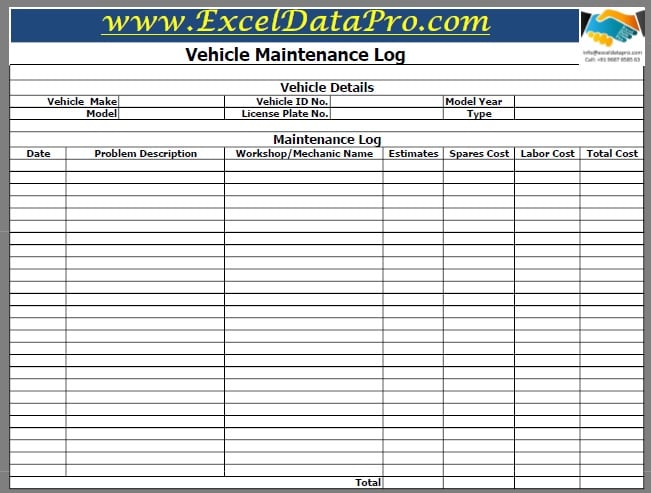 Download Vehicle Maintenance Log Excel Template - ExcelDataPro