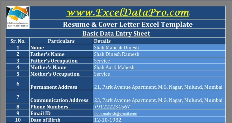 resume format in excel sheet free download