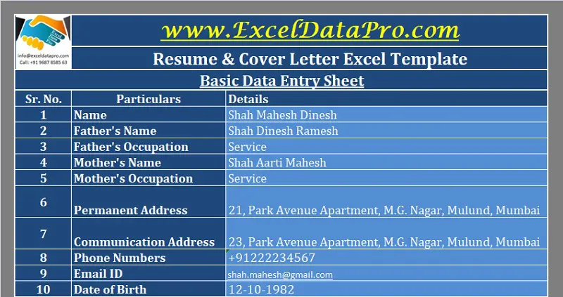 Download Resume Cover Letter Excel Template Exceldatapro
