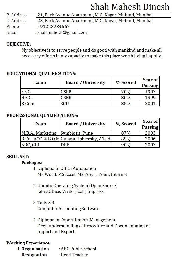 Resume With Work Experience