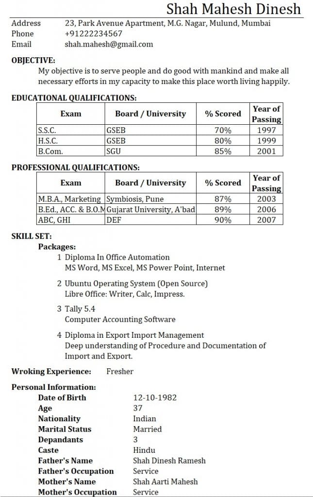 resume format in excel sheet free download