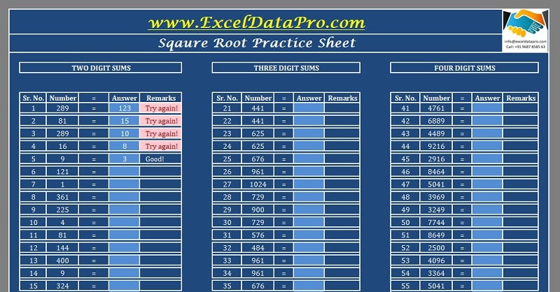 Square Root Practice Sheet