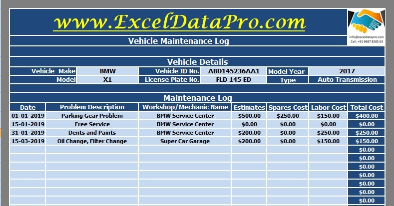 Download Vehicle Maintenance Log Excel Template