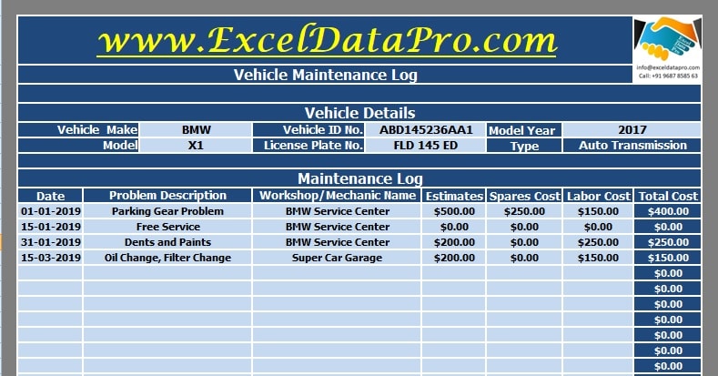 Download Vehicle Maintenance Log Excel Template - ExcelDataPro