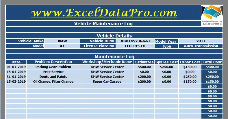 Download Vehicle Maintenance Log Excel Template Exceldatapro