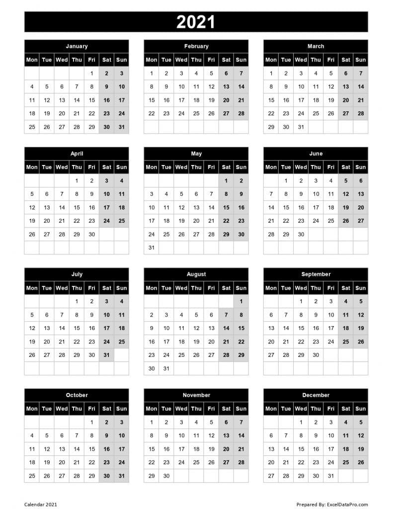 Calendar 2021 (Mon Start)