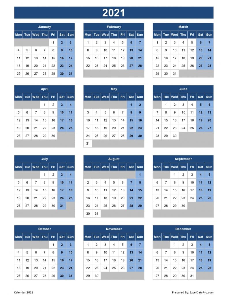 Calendar 2021 (Mon Start)