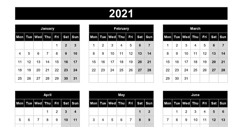 Download 2021 Yearly Calendar (Mon Start) Excel Template