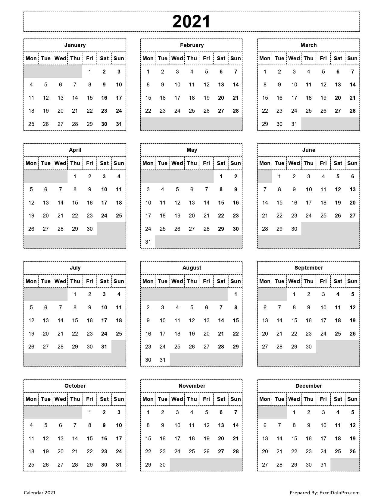 Download 2021 Yearly Calendar Mon Start Excel Template Exceldatapro