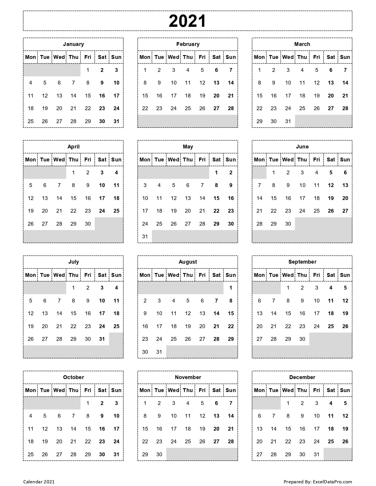 2021 Calendar Printable Excel